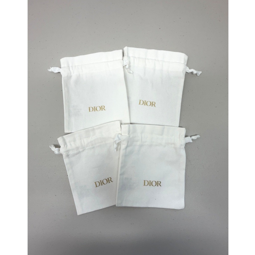 Authentic Dior Set of 4 White Canvas Drawstring Empty Bags Gold Logo 4.75x6